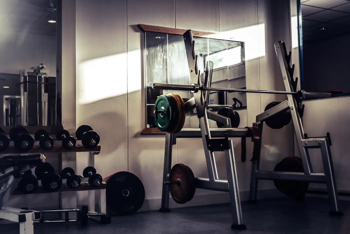 Área de pesas y racks de potencia en Gimnasio Placa 45